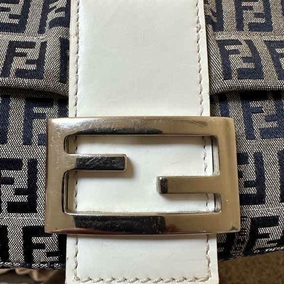 FENDI Zucchino Mamma Baguette Shoulder Handbag Canvas & White Leather - Picture 5 of 11
